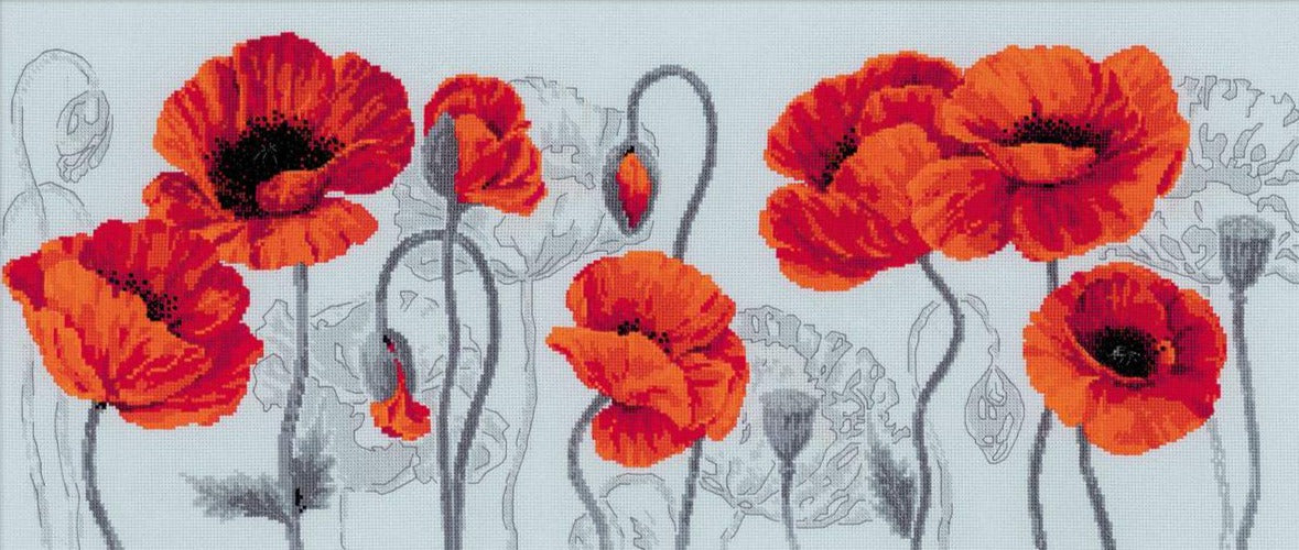 רקמה על בד גבינה - Scarlet Poppies (ערכת פרימיום)