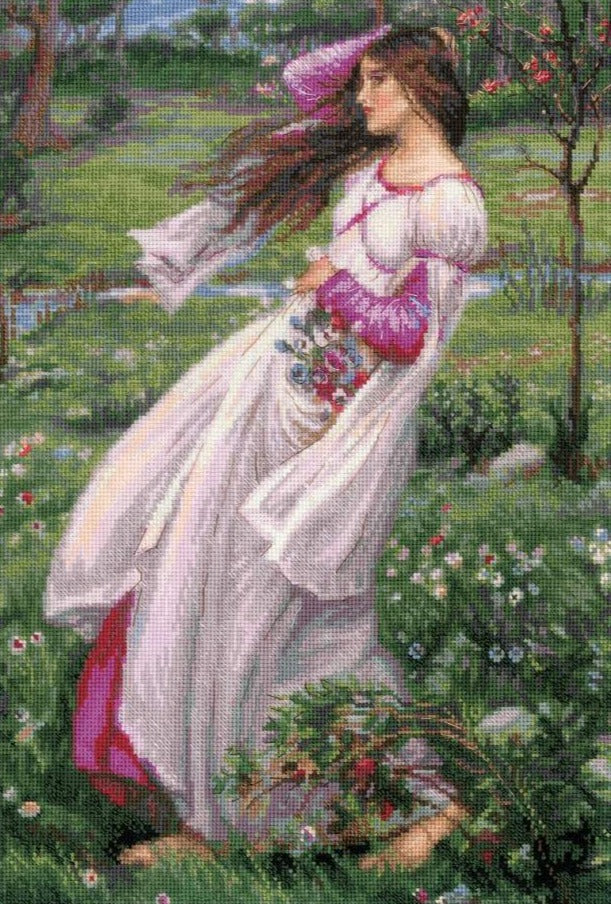 רקמה על בד גבינה - Windflowers after J. W. Waterhouse's Painting (ערכת פרימיום)