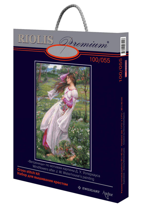 רקמה על בד גבינה - Windflowers after J. W. Waterhouse's Painting (ערכת פרימיום)