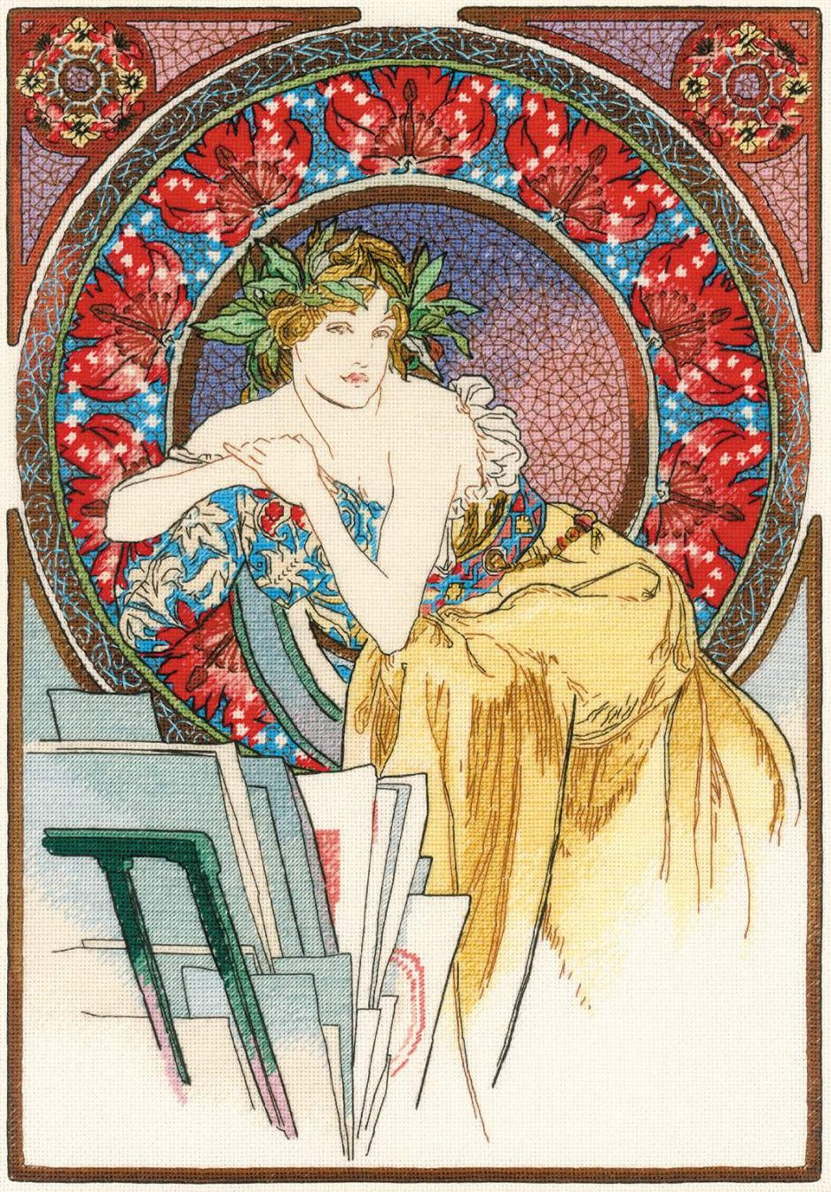 רקמה על בד גבינה - Girl with Easel after A. Mucha's Artwork (ערכת פרימיום)