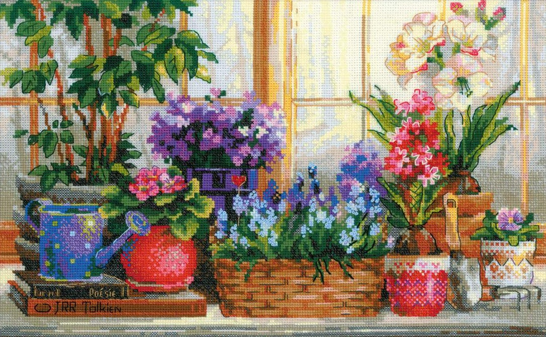 רקמה על בד גבינה - Windowsill with Flowers