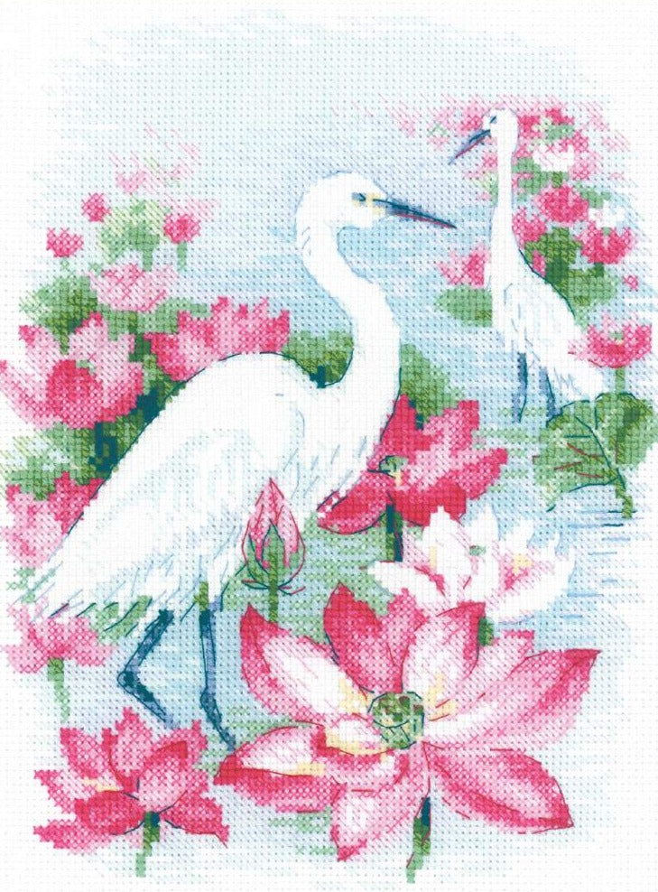 רקמה על בד גבינה - Lotus Field. Herons