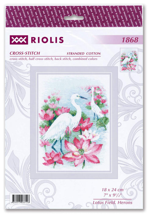 רקמה על בד גבינה - Lotus Field. Herons