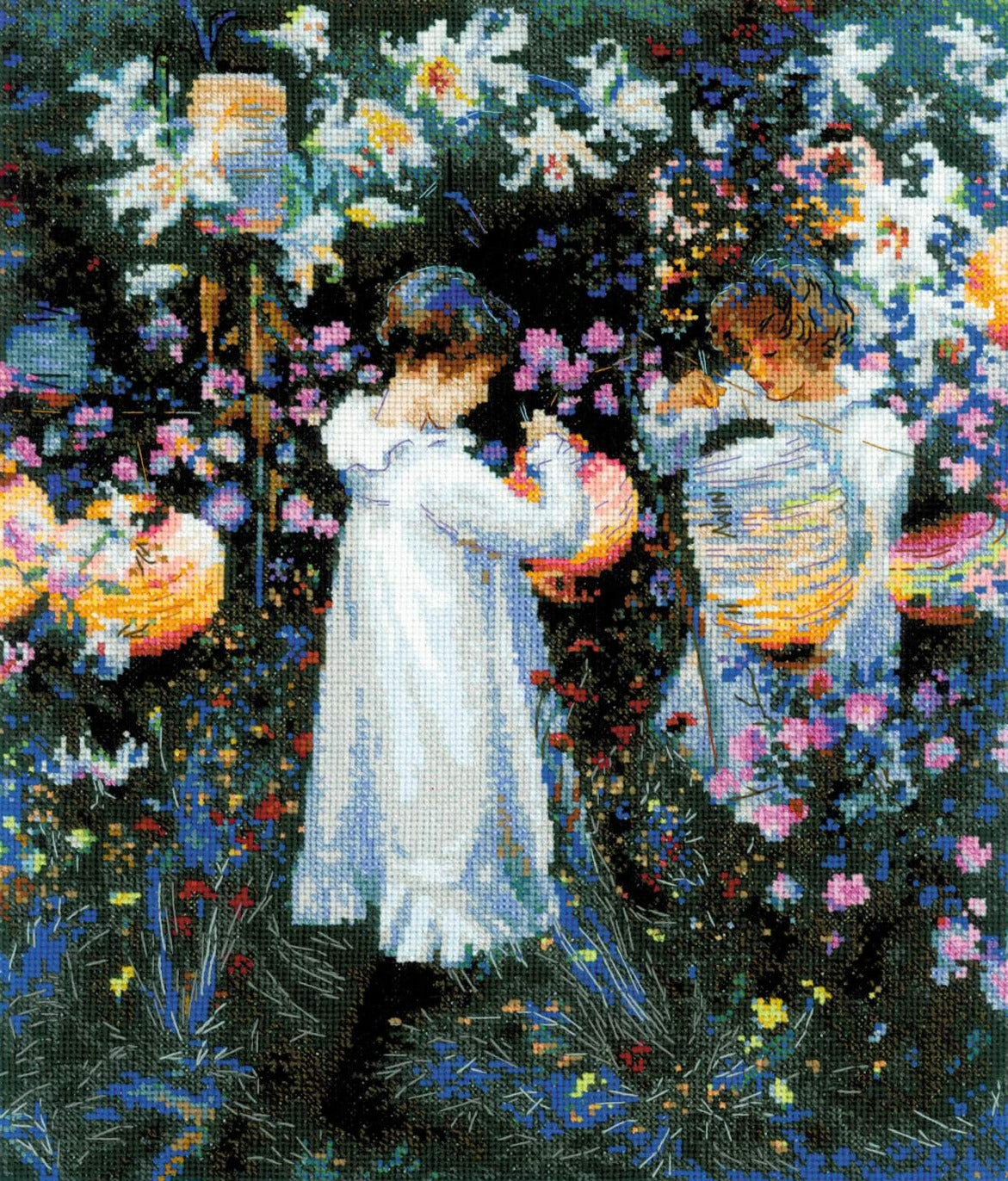 רקמה על בד גבינה - Carnation, Lily, Lily, Rose after J. S. Sargent's Painting