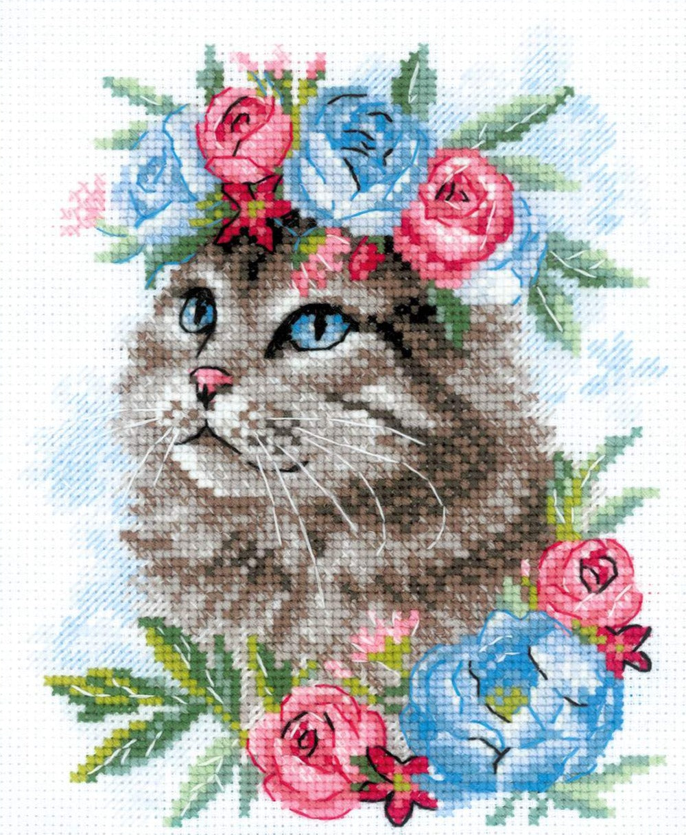 רקמה על בד גבינה - Cat in Flowers