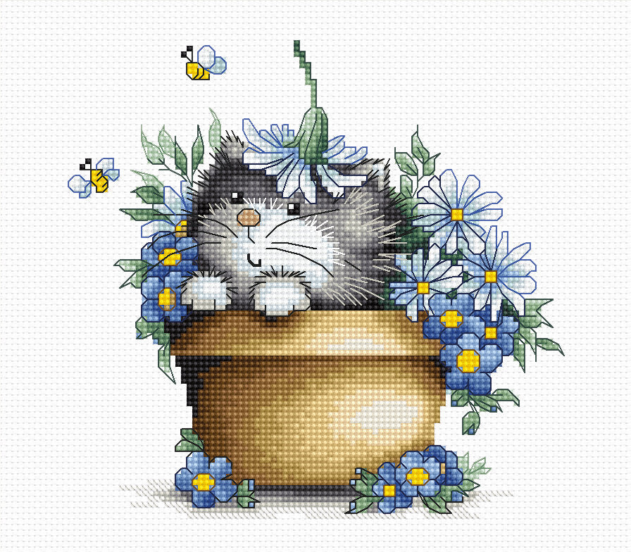 רקמה על בד גבינה - Kitten in flowers