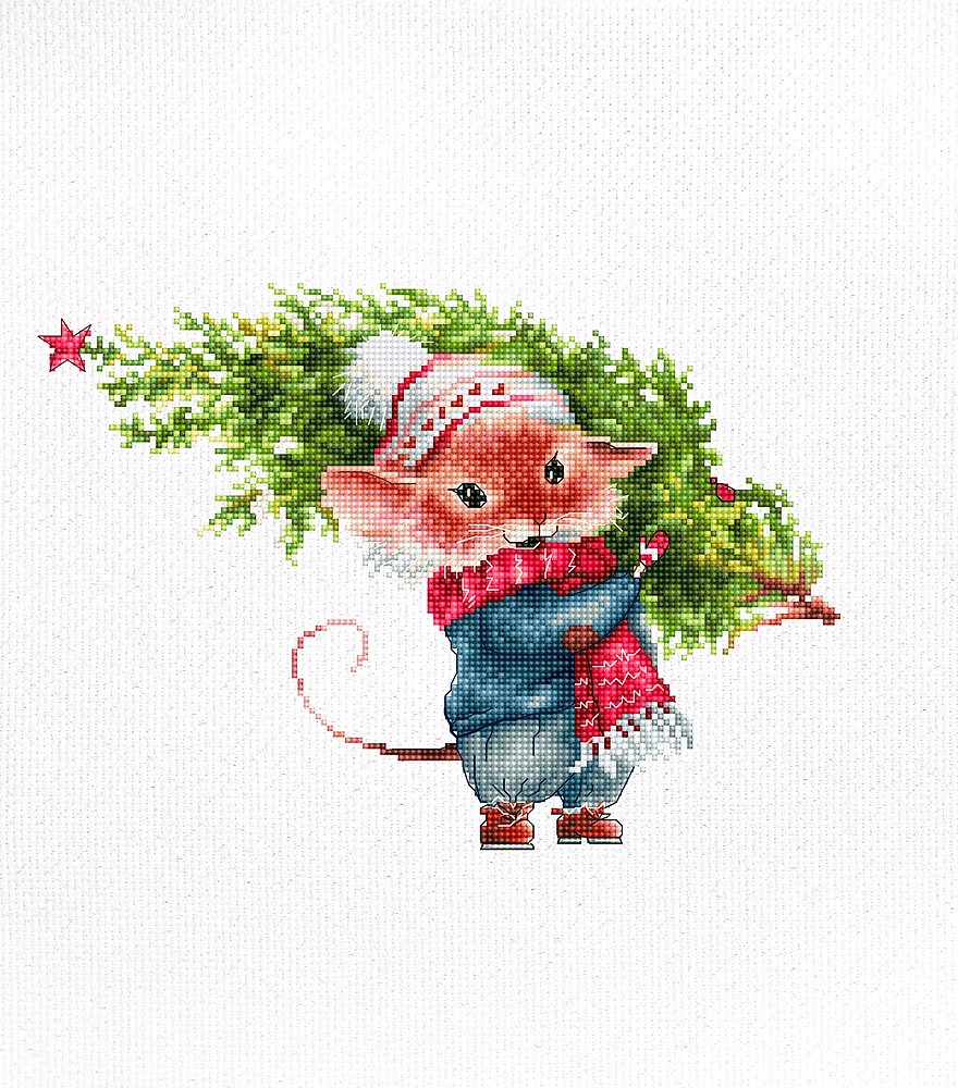 רקמה על בד גבינה - Mouse with fir tree