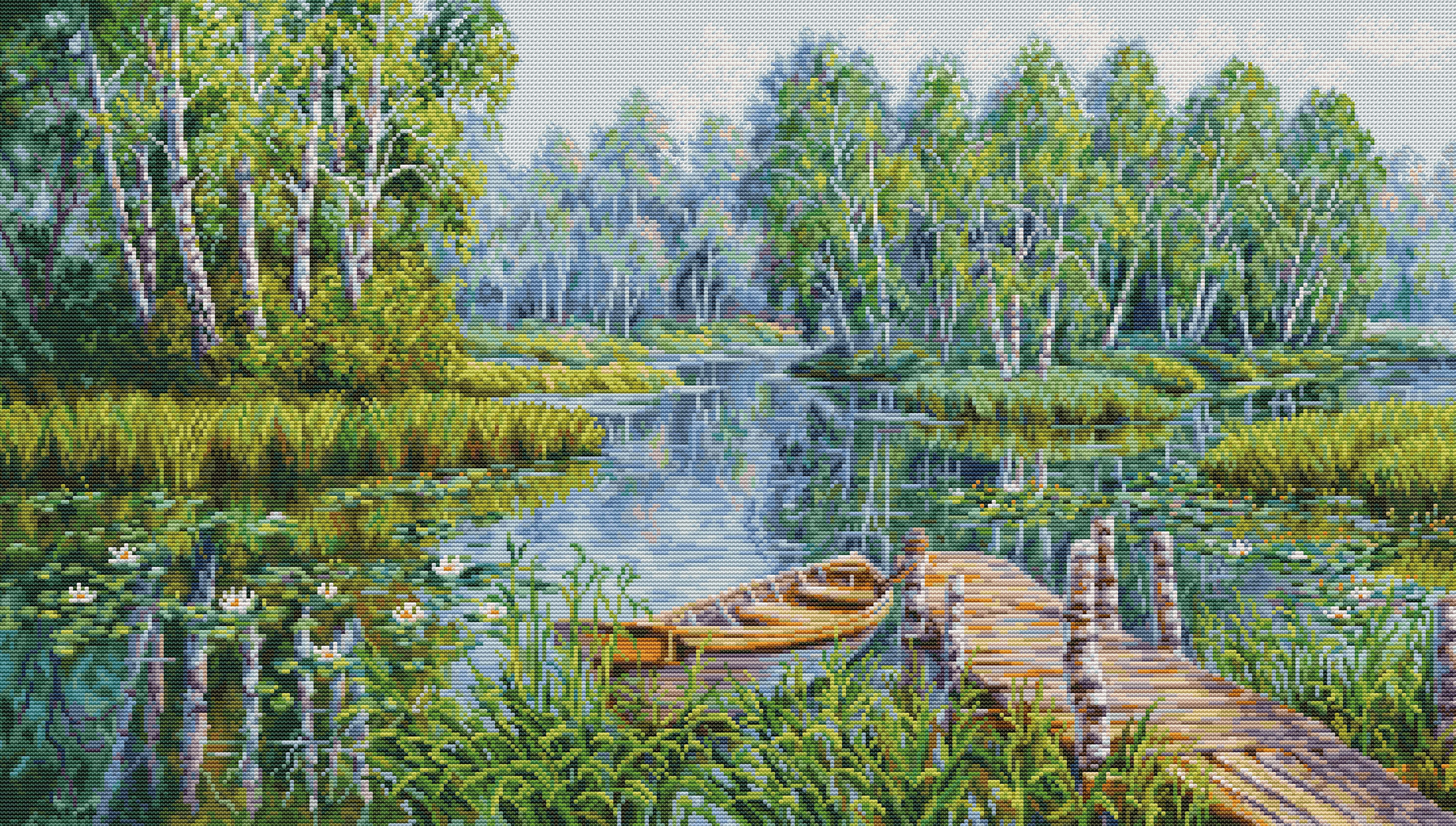 רקמה על בד גבינה - Birches at the edge of the lake