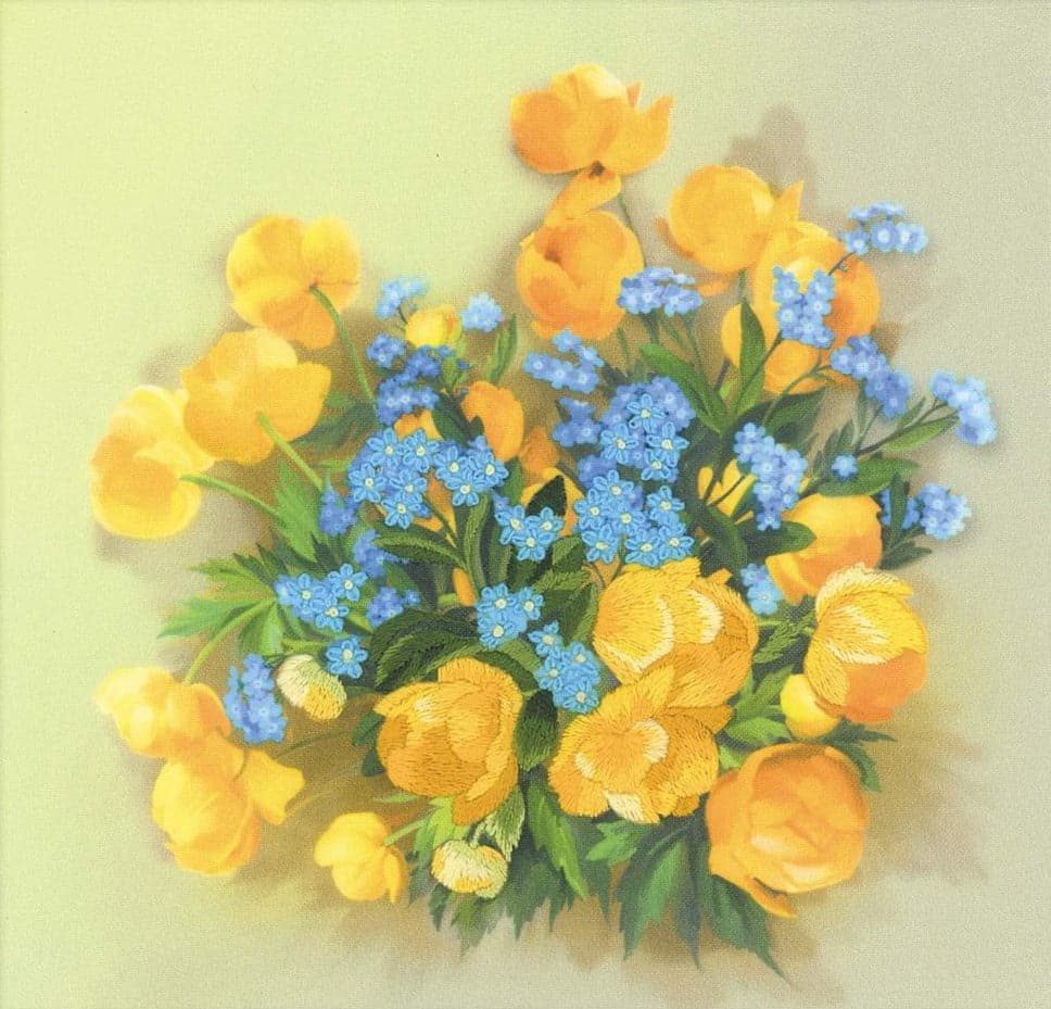 רקמה על בד גבינה - פרחי טרוליוס