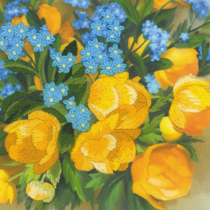 רקמה על בד גבינה - פרחי טרוליוס