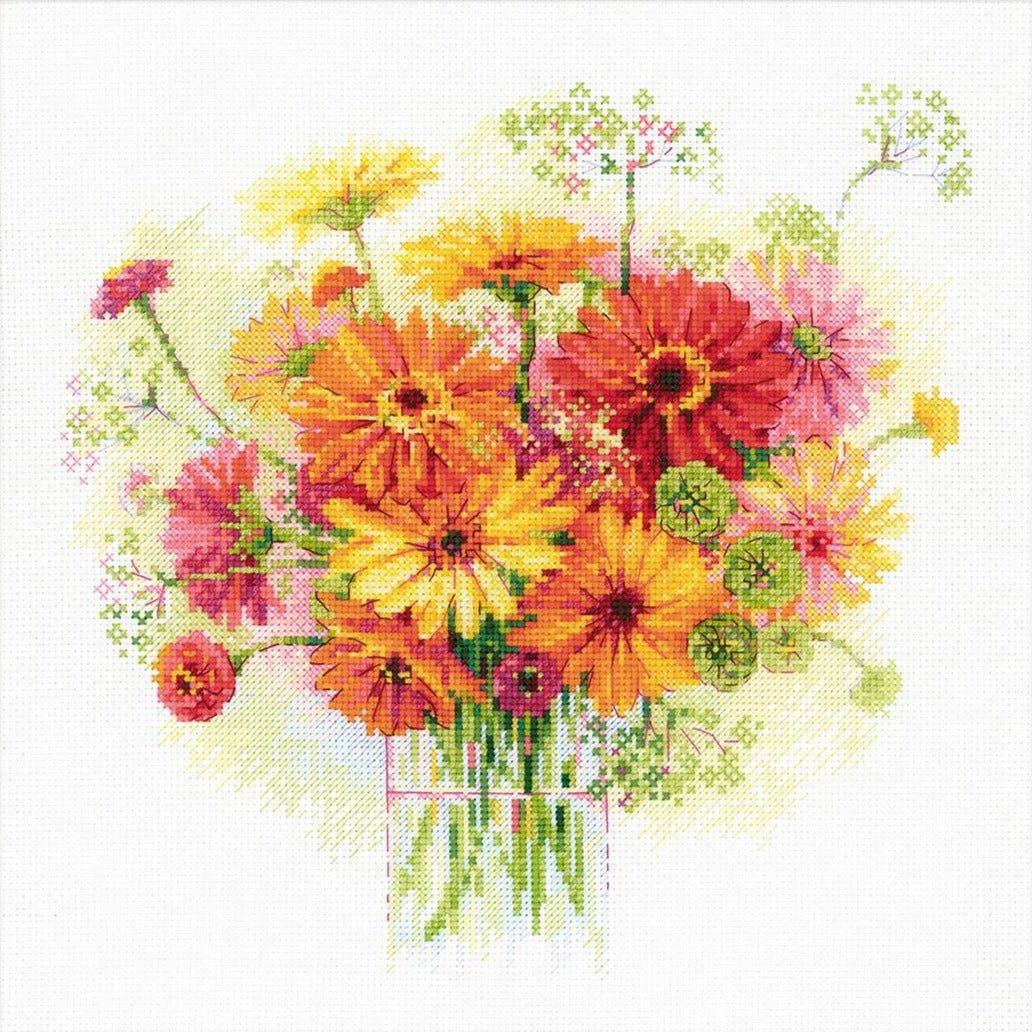 רקמה על בד גבינה - Watercolor Gerberas