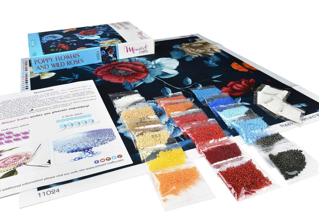 רקמת חרוזים - פרחי פרג ושושנים