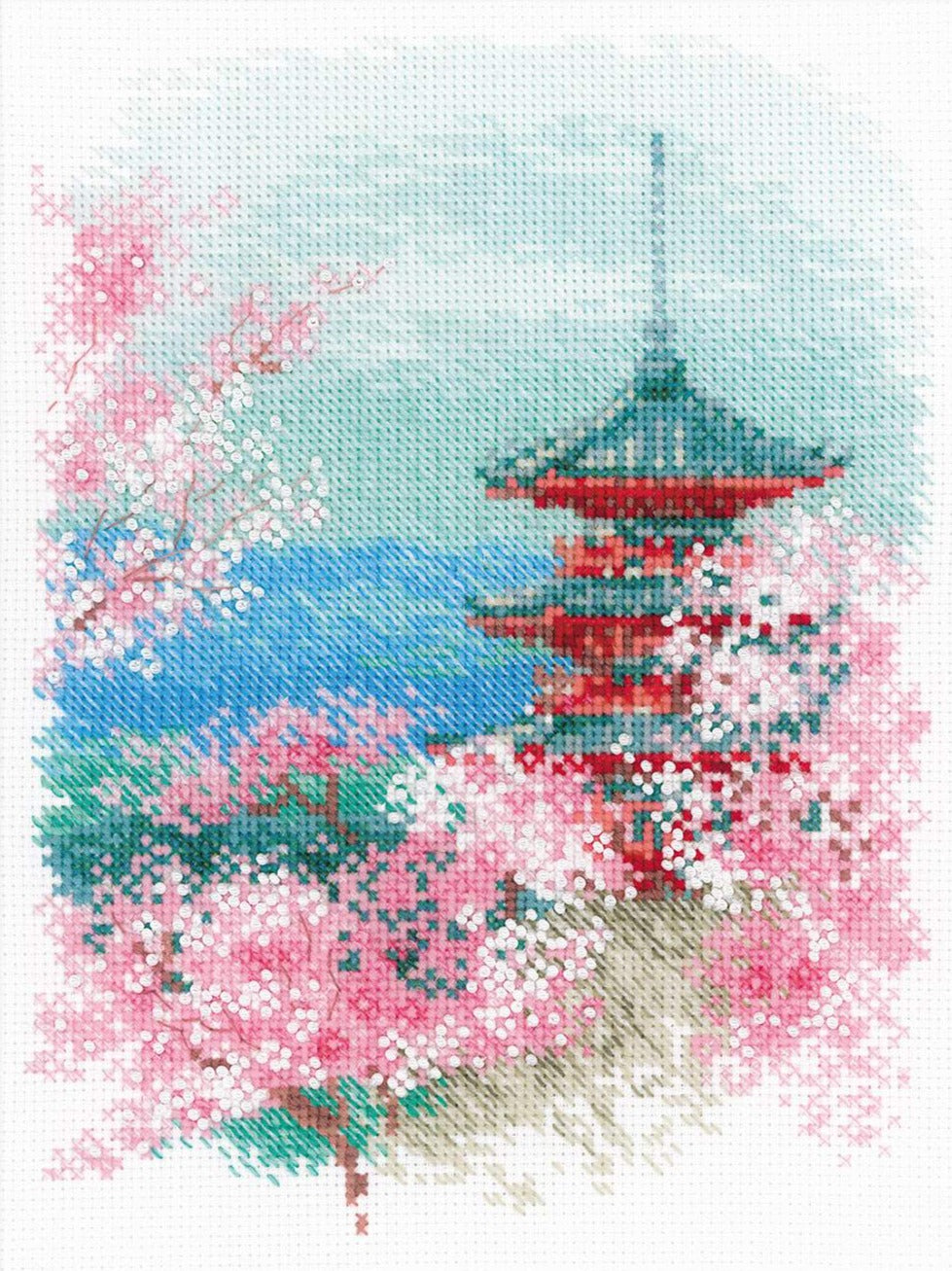 רקמה על בד גבינה - Sakura. Pagoda