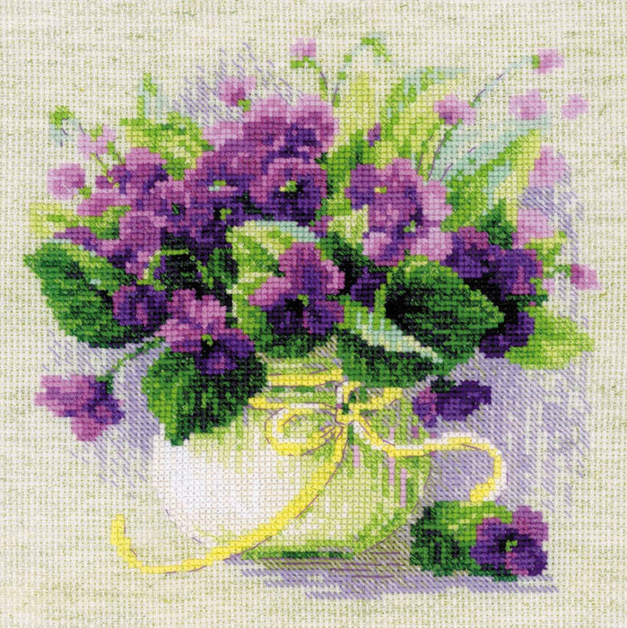 רקמה על בד גבינה - Violets in a Pot