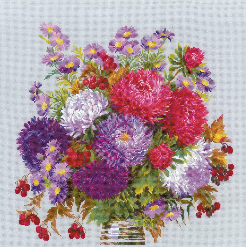 רקמה על בד גבינה - Bouquet with Asters