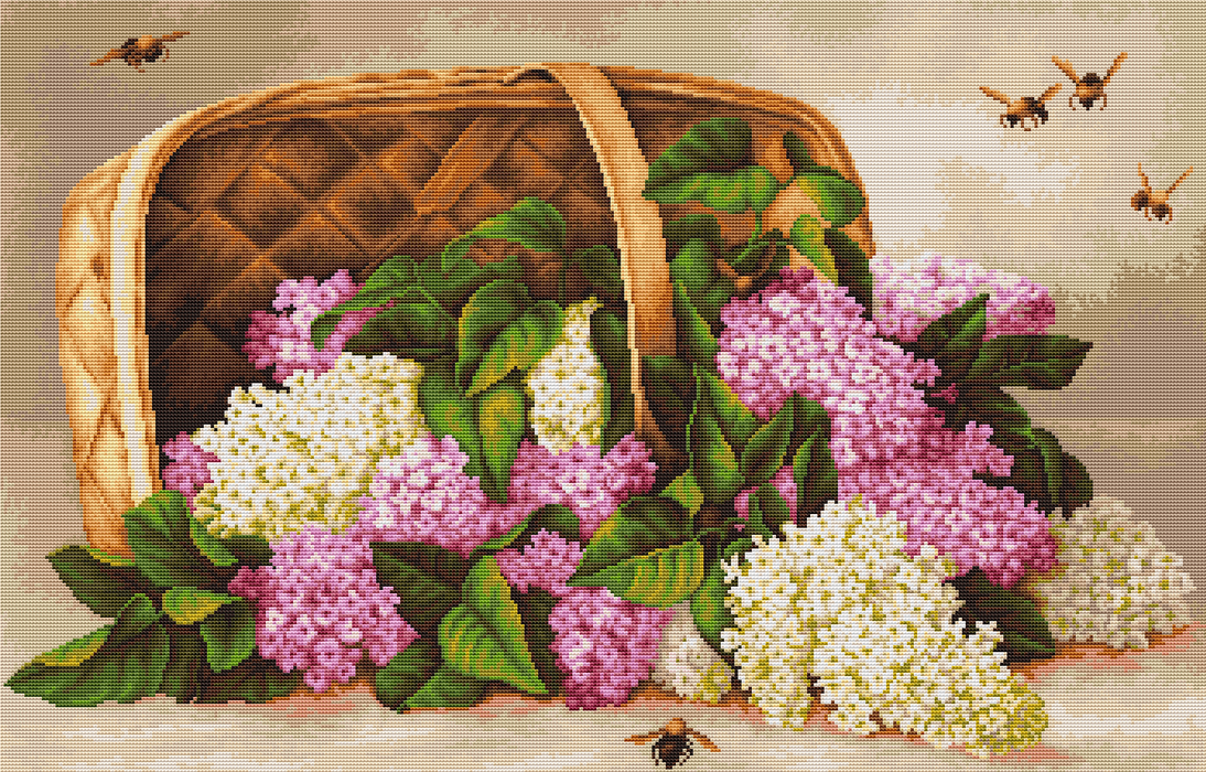 רקמה על בד גבינה - Basket of lilacs