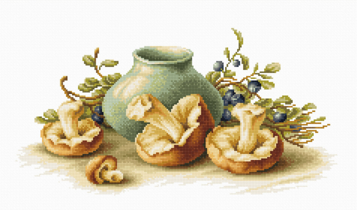 רקמה על בד גבינה - Still Life with mushrooms