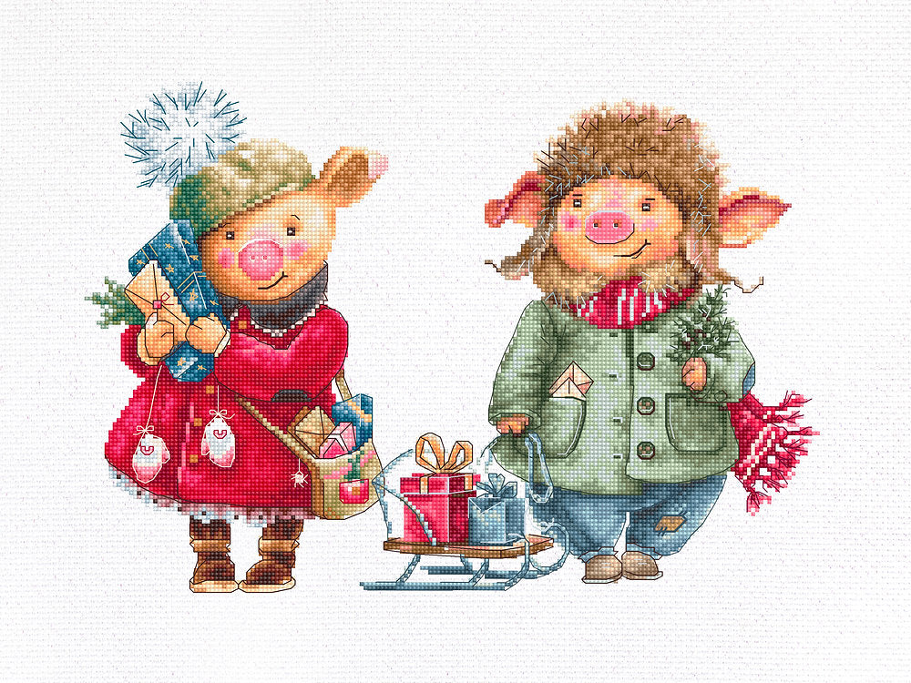 רקמה על בד גבינה - Christmas pigs