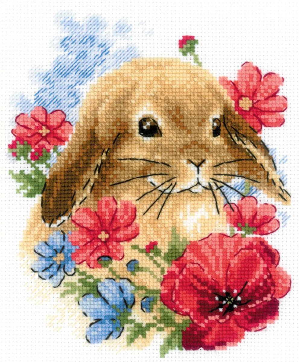 רקמה על בד גבינה - Bunny in Flowers